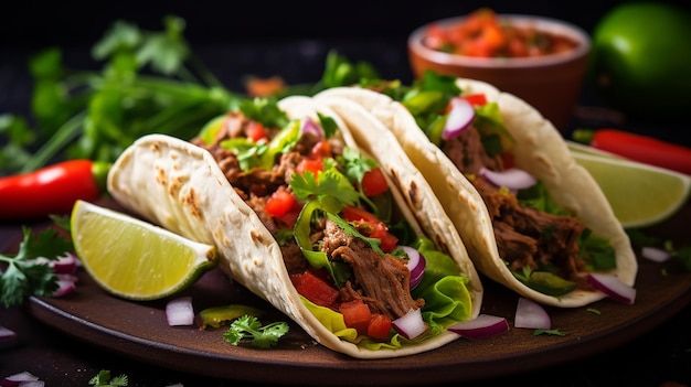 Foto tacos mexicanos con verduras carne y salsa de tomate cebolla roja y salsa