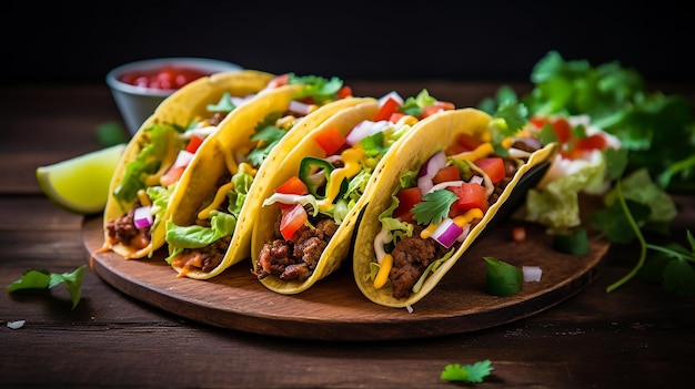 Foto tacos mexicanos con verduras carne y salsa de tomate cebolla roja y salsa