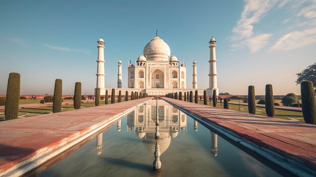 Una foto del Taj Mahal con la luz del sol proyectando sombras en su fachada