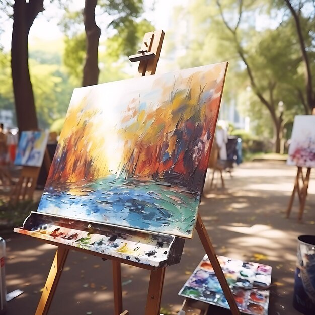 Foto de un taller de pintura al aire libre en un parque Artista Easels y ideas de concepto de pintura Festive