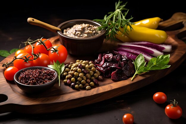 Foto de tapenada de oliva en un plato de verduras de oliva