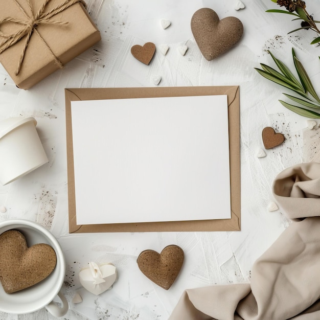 Una foto de una tarjeta de felicitación en blanco con un sobre de papel kraft en un fondo de mármol blanco