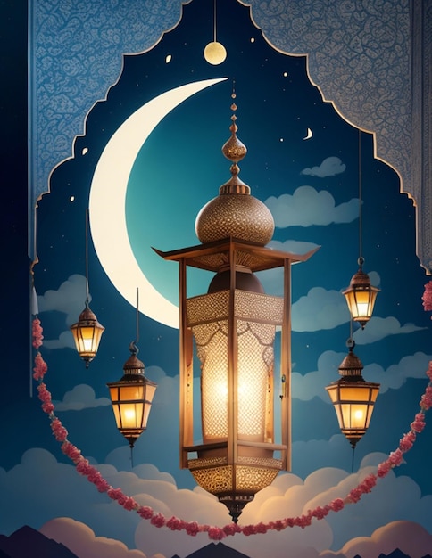 Foto tarjeta de felicitación de Ramadán Mubarak con luna y linterna generativa ai