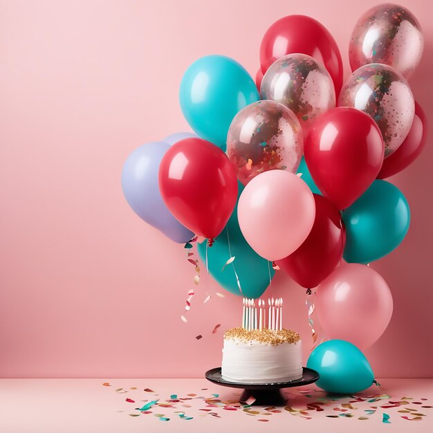 Foto de tarjeta de feliz cumpleaños con globos multicolores y brillo con fondo plano