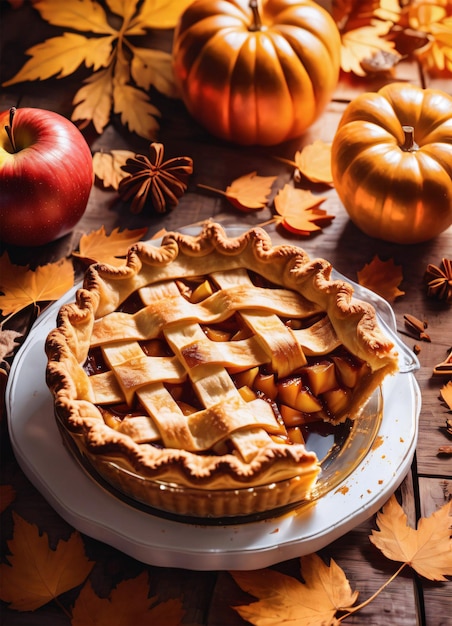 Foto de la tarta de manzana en otoño en la mesa de Acción de Gracias