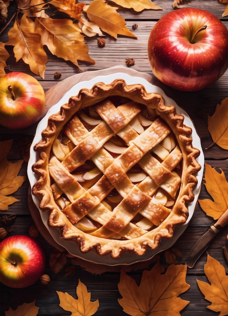 Foto de la tarta de manzana en otoño en la mesa de Acción de Gracias