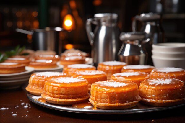 foto de tartas en la mesa de la cocina listas para servir fotografía de comida publicitaria profesional