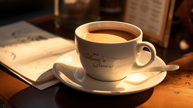 Una foto de una taza de café en una bandeja con notas