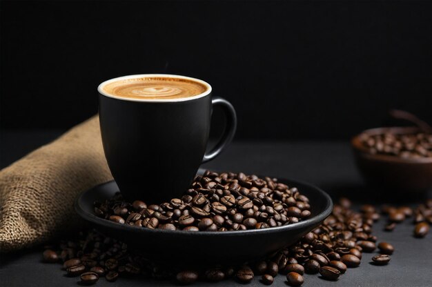 foto de una taza de café y una bolsa de granos de café en la mesa 3