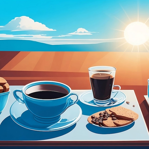 una foto de una taza de café y una comida bajo el sol