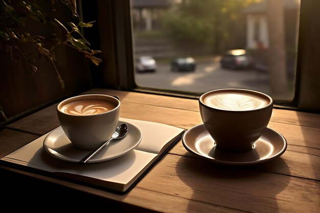 Foto de una taza de café con un cuaderno en un escritorio Café