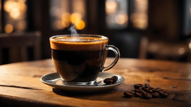 Foto de una taza de café en el fondo de una mesa de madera