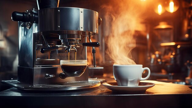 Una foto de una taza de café humeante con una máquina de tostar