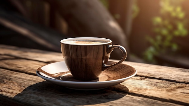 Una foto de una taza de café y un platillo en una mesa de madera rústica