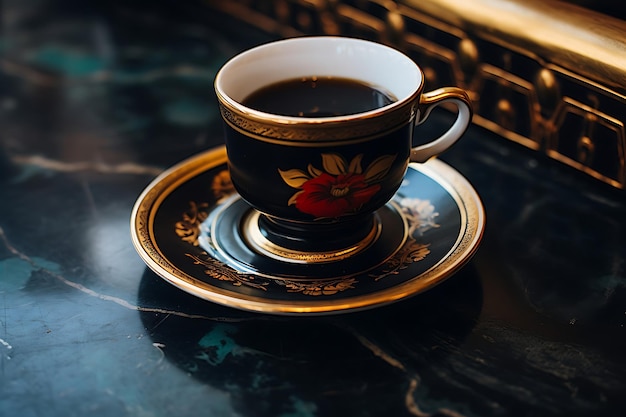 Foto de taza de café y platillo en una mesa de mármol