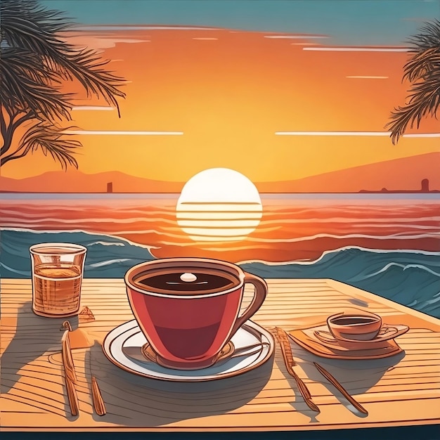 Una foto de una taza de café, un plato con una puesta de sol sobre el océano para celebrar el día mundial del café.