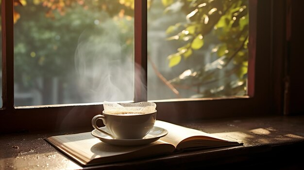 Foto taza de té y libro abierto con lluvia.