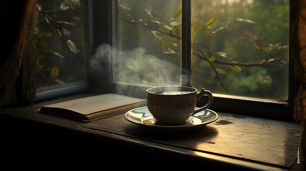 Foto taza de té y libro abierto con lluvia.