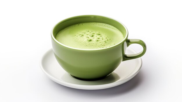 Una foto de una taza de té matcha humeante foto de longitud completa