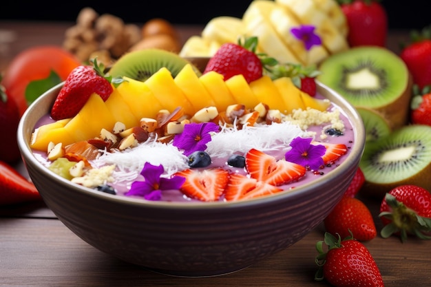 Foto de un tazón de batidos tropicales desbordado de frutas y yogur de colores