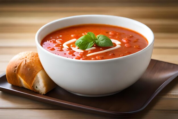 Foto de un tazón de sopa de tomate con un rollo al costado