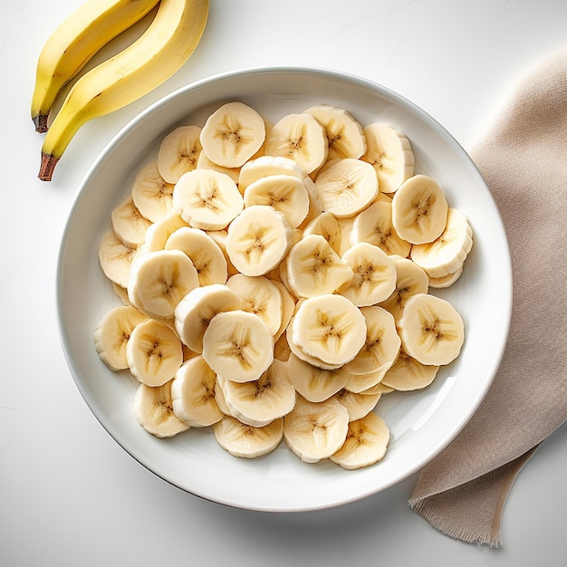 Foto de tazones y rodajas de plátano maduro