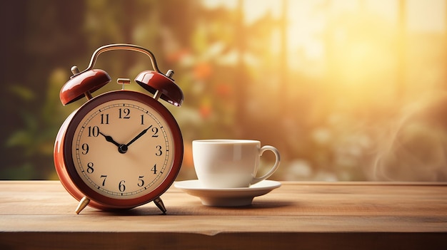 Foto de té de café de la mañana con reloj en la mesa