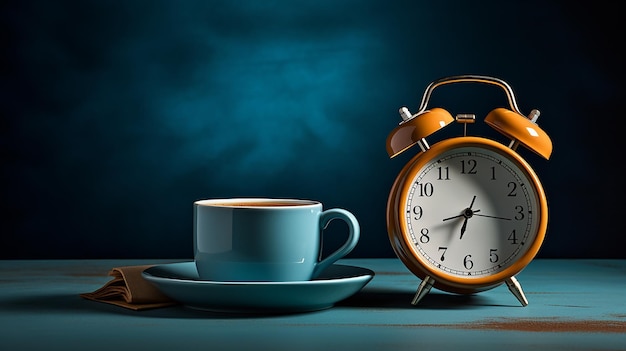 Foto de té de café de la mañana con reloj en la mesa