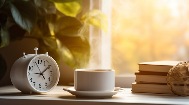 Foto de té de café de la mañana con reloj en la mesa