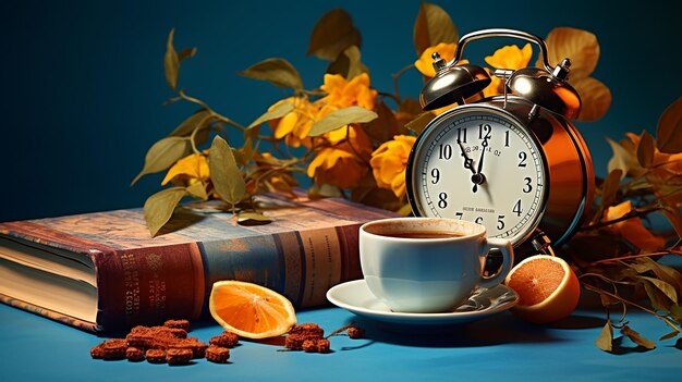 Foto de té de café de la mañana con reloj en la mesa