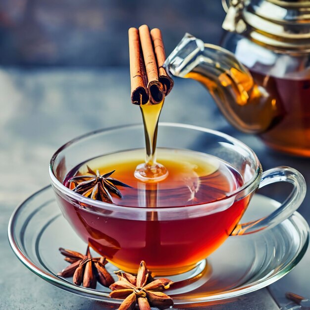 Foto té caliente con manzanas canela anís estrella y miel en una taza y tetera en la mesa