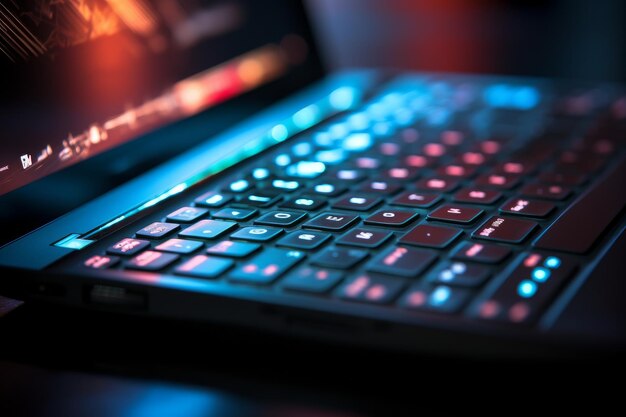 Foto de un teclado de portátil con teclas iluminadas IA generativa