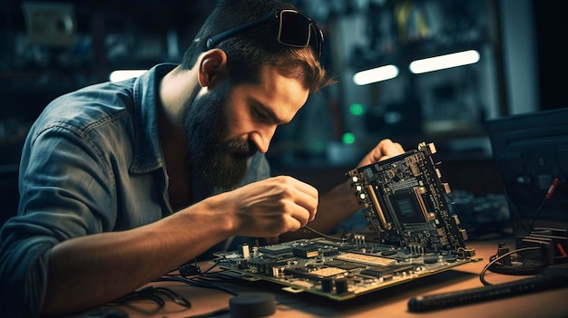 Una foto de un técnico actualizando una computadora portátil
