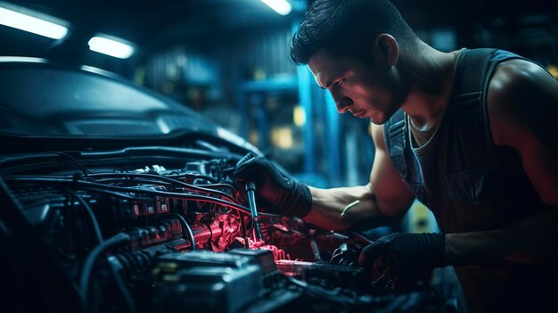 Foto una foto de un técnico comprobando un cable eléctrico de un coche