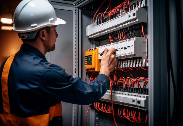 Foto de técnico electricista trabajando con fusibles de multímetros digitales y tablero de distribución