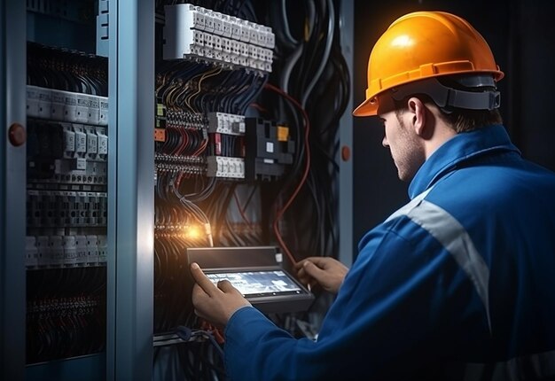 Foto foto de técnico electricista trabajando con fusibles de multímetros digitales y tablero de distribución