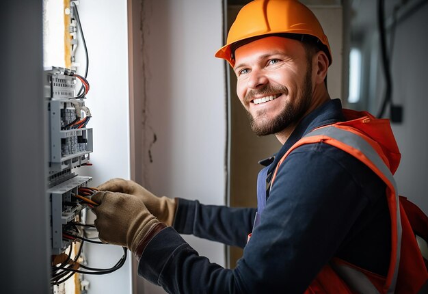 Foto foto de técnico electricista trabajando con fusibles de multímetros digitales y tablero de distribución