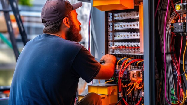 Foto foto técnico de hvac trabajando en una pieza de condensador para unidad de condensación