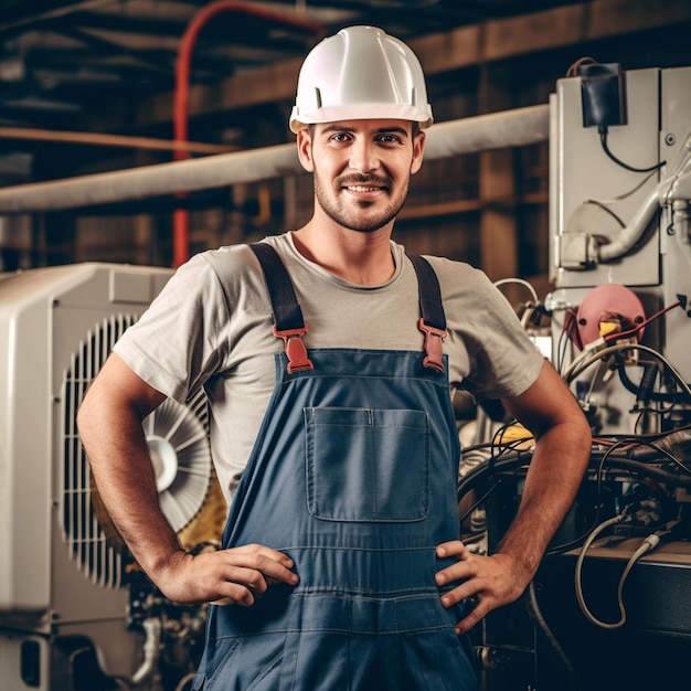 Foto técnico de hvac trabajando en una pieza de condensador para unidad de condensación