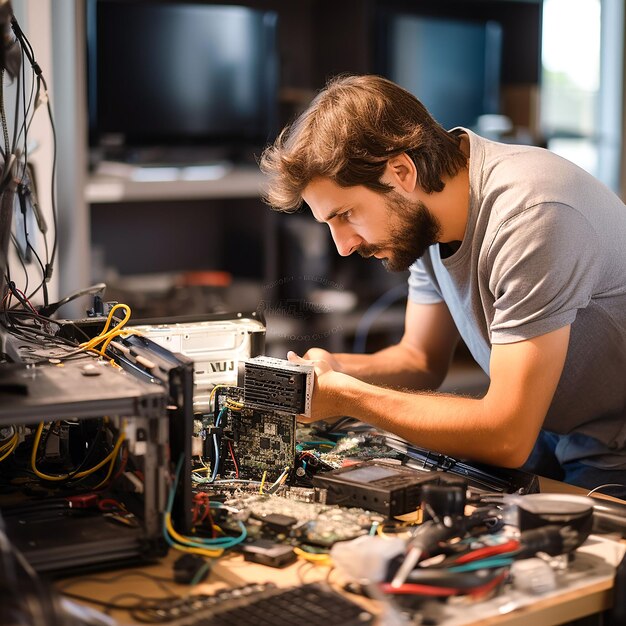 Foto foto de un técnico masculino reparando la placa base de una computadora en un escritorio de madera generado por ia