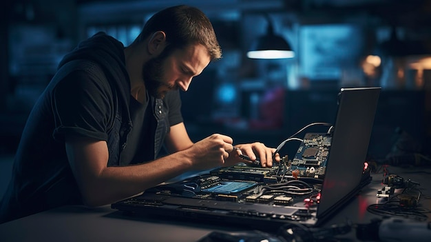 Una foto de un técnico reparando una computadora portátil.