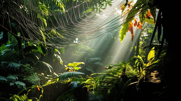 Una foto de una telaraña en una selva tropical salpicada de luz solar