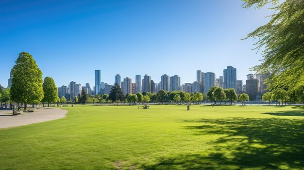 Una foto de un telón de fondo del horizonte de la ciudad con un parque en primer plano