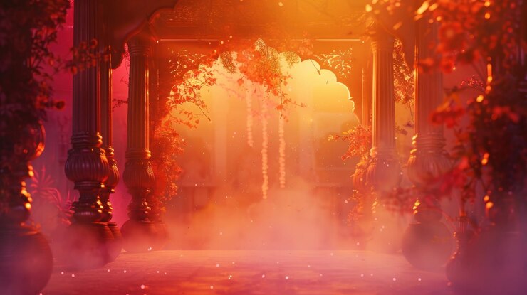 una foto de un templo con un fondo rojo
