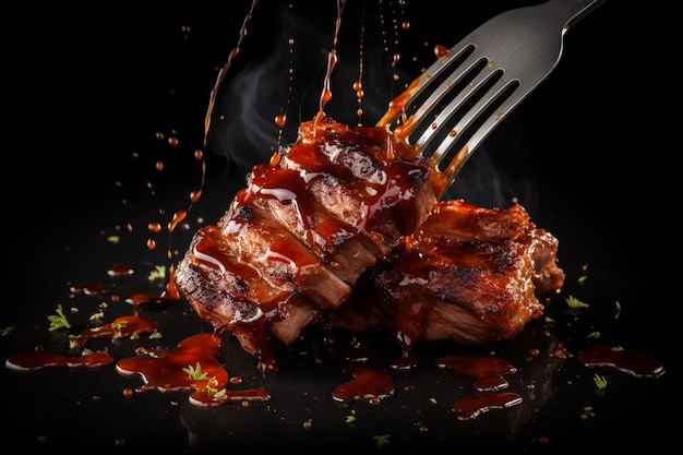 Foto de un tenedor con pedazos de deliciosa carne a la parrilla sobre un fondo negro