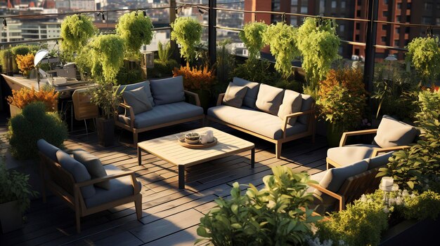 Una foto de una terraza en la azotea con asientos y vegetación