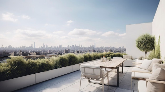 Una foto de una terraza minimalista en la azotea con vistas a la ciudad