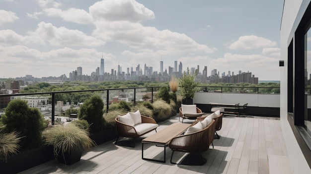 Una foto de una terraza minimalista en la azotea con vistas a la ciudad