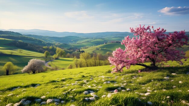 Una foto de un terreno de Piamonte con una vibrante flor de primavera y una suave luz solar