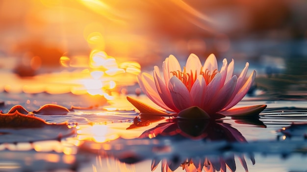 Foto de testimonio publicitario de la flor de loto reflejada en el agua bajo la puesta de sol con bokeh